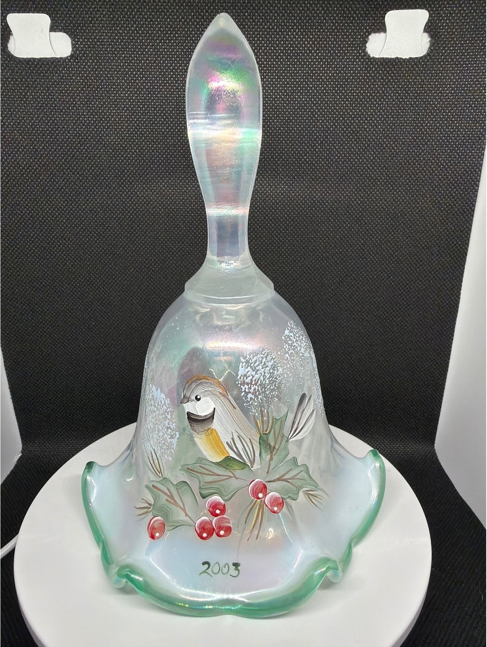 Iridescent porcelain bell with cardinal holly scene